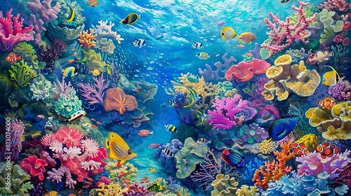 A vibrant coral reef bustling with life, with colorful fish darting among the coral formations.