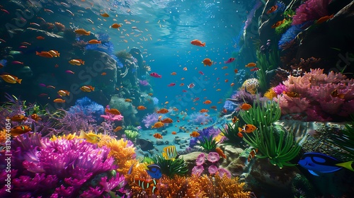 A vibrant coral reef bustling with life, with colorful fish darting among the coral formations. © Ansar