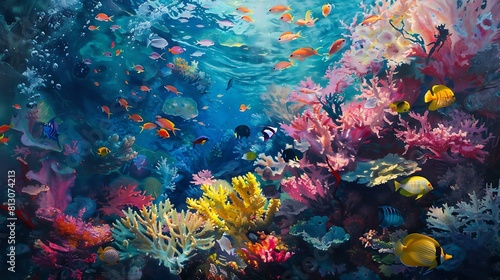 A vibrant coral reef bustling with life, with colorful fish darting among the coral formations.