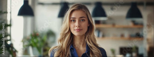 blonde woman with long hair wearing a blue shirt is standing in an office and talking to the camera in a close up shot, in the style of a video advertisement