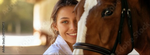 A closeup shot of the horse's head, focusing on its eyes and mane, with an attractive young woman in her early to mid twenties wearing white equestrian smiling softly at it from behind.  photo
