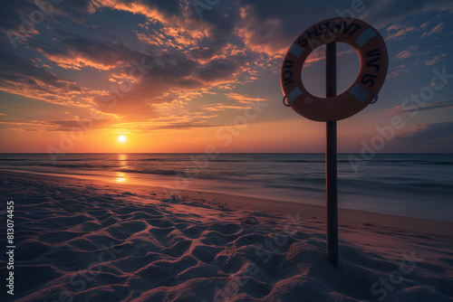 sunset on the sea, A lifebuoy stands tall on the sandy beach, silhouetted against the backdrop of a fiery sunset. The vibrant hues of orange and pink paint the sky