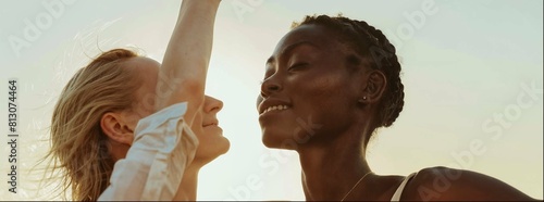 a close up of two women standing next to each other, one is blonde and the second woman has dark skin with long hair in her face , both smiling as they hold hands above their heads at beach