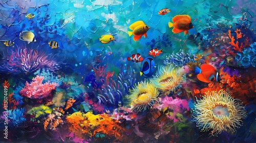 A vibrant coral reef teeming with life, with colorful fish swimming among the corals and anemones swaying gently in the currents.
