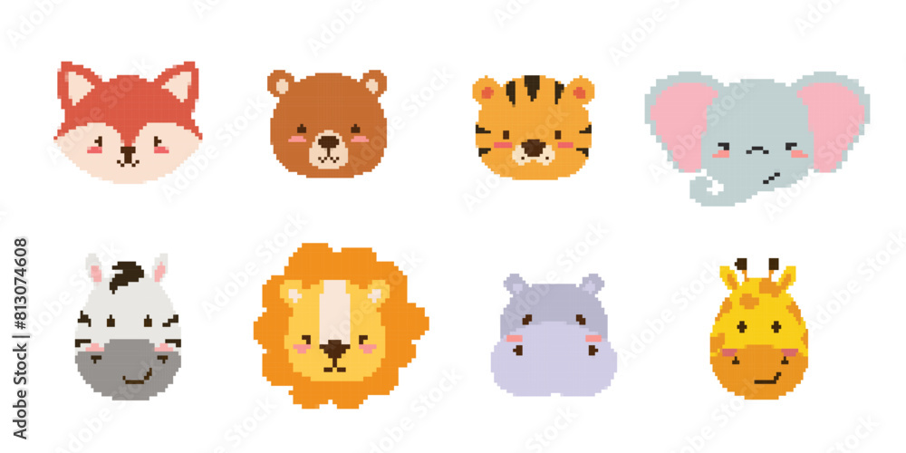 Pixel art animals icons Collection. 8 bit retro style illustration set of tiger, bear, fox, hippo giraffe,zebra,lion, elephant. Best for mobile game design, decoration, stickers. Pixel art animals icons Collection. 8 bit retro style illustration set of tiger, bear, fox, hippo giraffe,zebra,lion, elephant. Best for mobile game design, decoration, stickers.