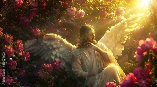 Lord Jesus who is enjoying the beauty of the grove of fresh and fragrant flowers. seamless looping time-lapse virtual video Animation Background.
