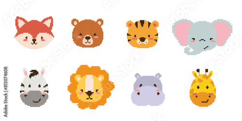Pixel art animals icons Collection. 8 bit retro style illustration set of tiger, bear, fox, hippo giraffe,zebra,lion, elephant. Best for mobile game design, decoration, stickers.