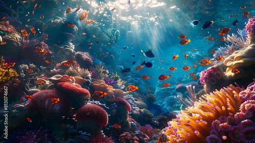 A vibrant coral reef teeming with life, with colorful fish swimming among the corals and anemones swaying gently in the currents. © Ansar