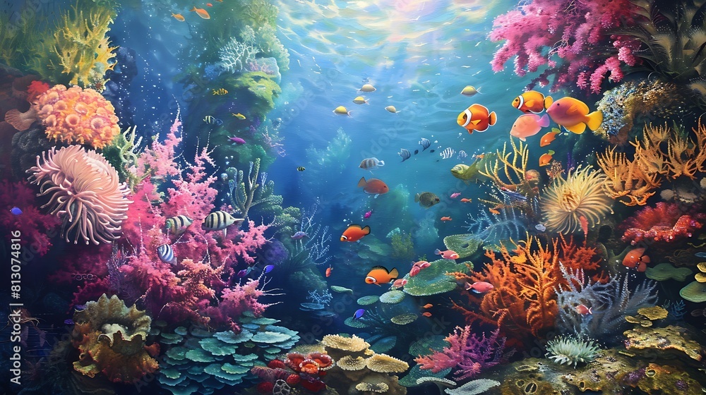 A vibrant coral reef teeming with life, with colorful fish darting among the corals and anemones swaying gently in the currents.