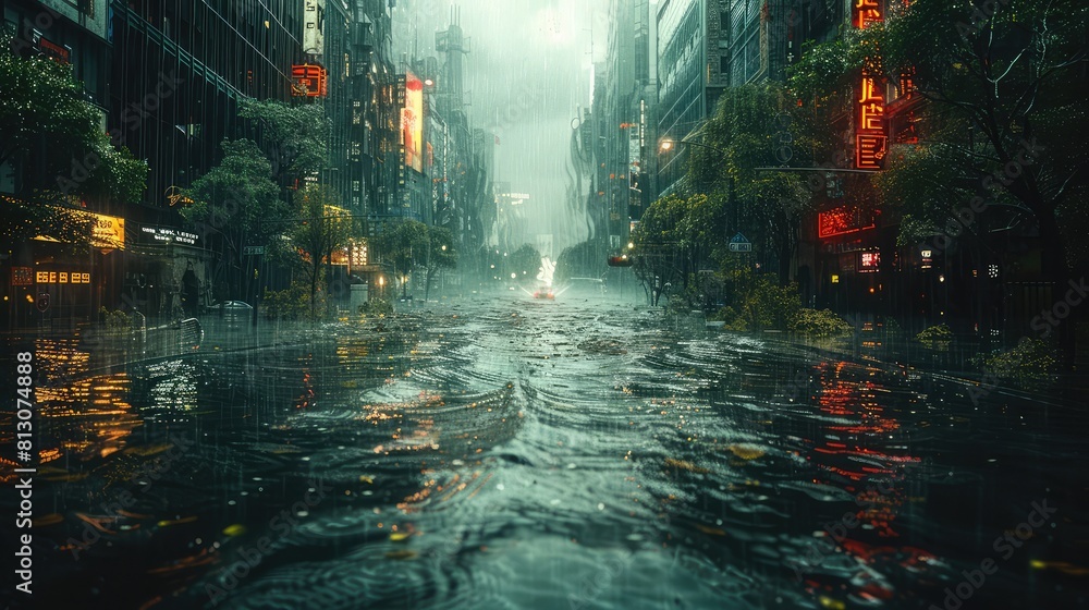 Devastating Aftermath of a Catastrophic Climate Change Event in a Flooded Futuristic Cityscape