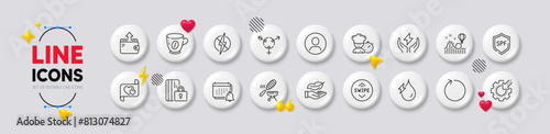 Safe energy, Headshot and Hydroelectricity line icons. White buttons 3d icons. Pack of Notification, Wallet, Chef icon. Antistatic, Coffee, Spf protection pictogram. Vector