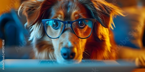 Intelligent dog in glasses attentively looks at laptop screen. Concept Dog in Glasses, Intelligent Pet, Laptop Screen, Attentive Look, Canine Companion photo