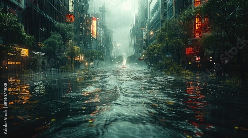 Devastating Aftermath of a Catastrophic Climate Change Event in a Flooded Futuristic Cityscape photo