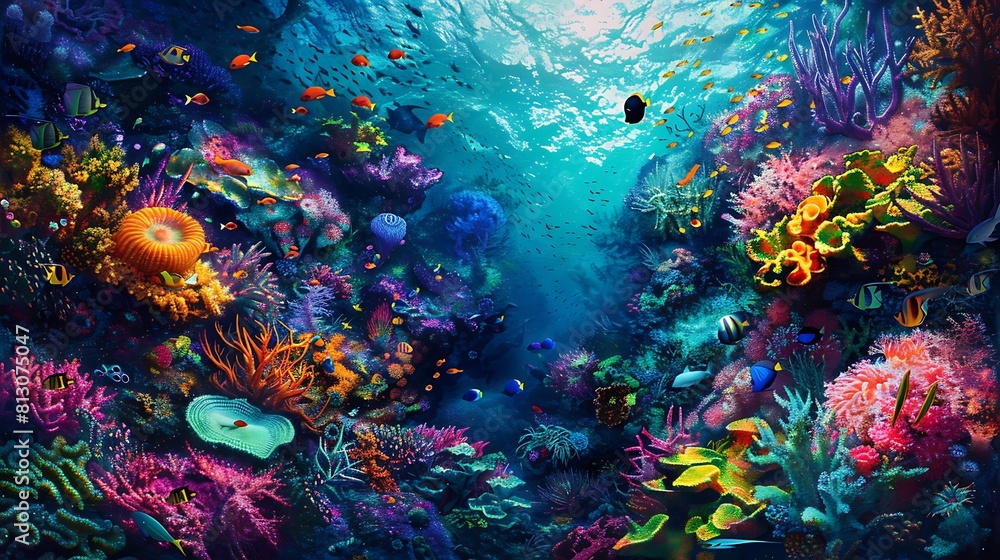 A vibrant coral reef teeming with life, with colorful fish swimming among the corals and anemones swaying gently in the currents.