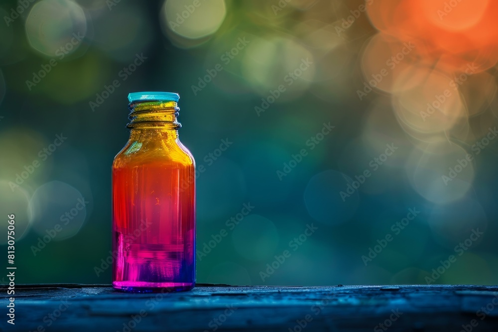 A vibrant orange and purple glass bottle on a wooden surface against a soft bokeh light backdrop A vibrant orange and purple glass bottle on a wooden surface against a soft bokeh light backdrop