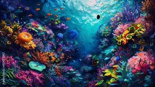 A vibrant coral reef teeming with life  with colorful fish swimming among the corals and anemones swaying gently in the currents.