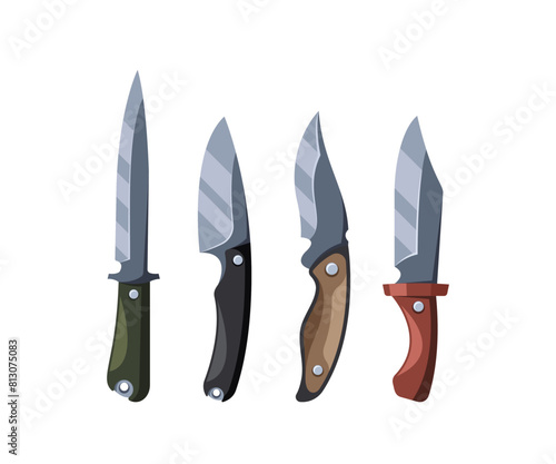 Vector Illustration Displaying Collection Of Four Hunting Knives, Each Featuring Unique Handle Designs And Blade Shapes