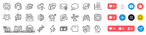 Info, Chemistry dna and Checkbox line icons pack. Social media icons. Noise, Verified mail, Brand web icon. Clock, Time management, Co2 gas pictogram. Puzzle, Fake news, Payment. Vector
