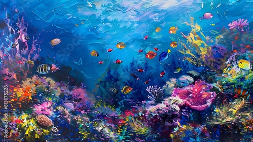 A vibrant coral reef teeming with life, with colorful fish darting among the corals and anemones swaying gently in the currents. © Ansar