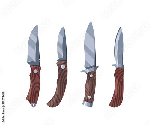 Hunting Knives Danger Tools With Wooden Handles, Each Distinct In Shape And Utility. Assortment Of Four Weapon
