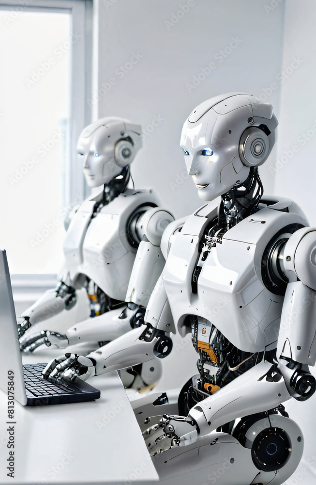 Humanoid robot working on Computer Humanoid robot working on Computer