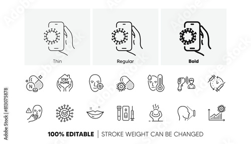 Dont touch, Coronavirus pills and Lips line icons. Pack of Face id, Difficult stress, Problem skin icon. Vaccination schedule, Electronic thermometer, Covid app pictogram. Blood. Line icons. Vector