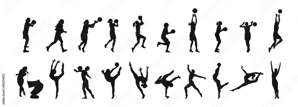 Set single silhouettes of womens sports. Basketball, calisthenics, gymnastics. Isolated vector Set single silhouettes of womens sports. Basketball, calisthenics, gymnastics. Isolated vector