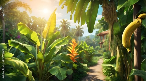 A lush, tropical paradise filled with vibrant banana plants swaying in the warm breeze, their leaves glistening in the sunlight.