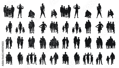 Adults and children, families, black silhouette and outline sketch of figures