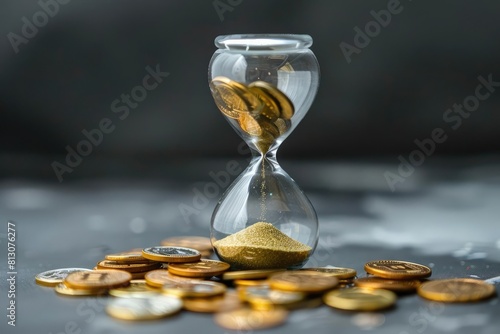 An hourglass with sand replaced by flowing coins.