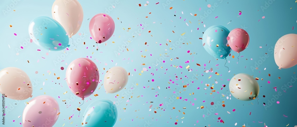 A creative template of a birthday celebration gets a festive touch with confetti balloons and pastel frames, Blank frame template Sharpen with large copy space A creative template of a birthday celebration gets a festive touch with confetti balloons and pastel frames, Blank frame template Sharpen with large copy space