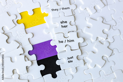 Obraz na płótnie A removed puzzle showing the symbol of non-binary people and the words they them, she her, he him, just me. Concept, gender diversity, people with non-binary gender identity, transgender people. w salonie