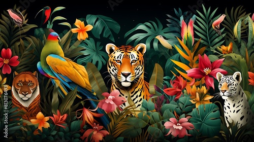 Fantasy Jungle  tropical illustration. Tiger  leopard  panther  monkey  parrots  flamingo  palm trees  flowers. wild African animals. Amazon forest animal on wallpaper for kids room  interior design