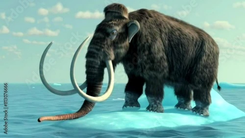 Woolly mammoth standing on a isolated iceberg floating on shallow blue sea 3d animation 4k woolly mammoth tusk should lift up standing in iceberg  photo