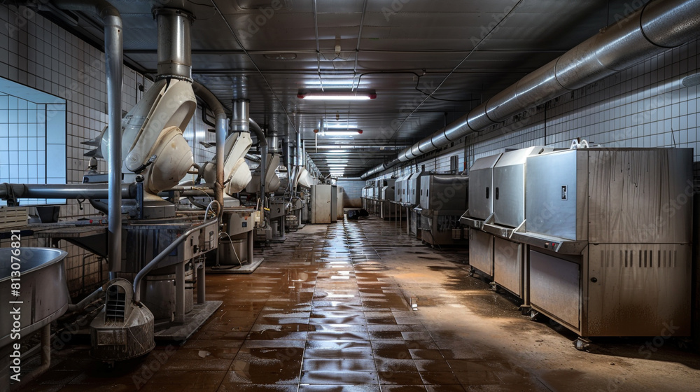 Deserted ice cream production shed with mixers and freezers, all clean and silent, a sweet stillness in the air. Deserted ice cream production shed with mixers and freezers, all clean and silent, a sweet stillness in the air.
