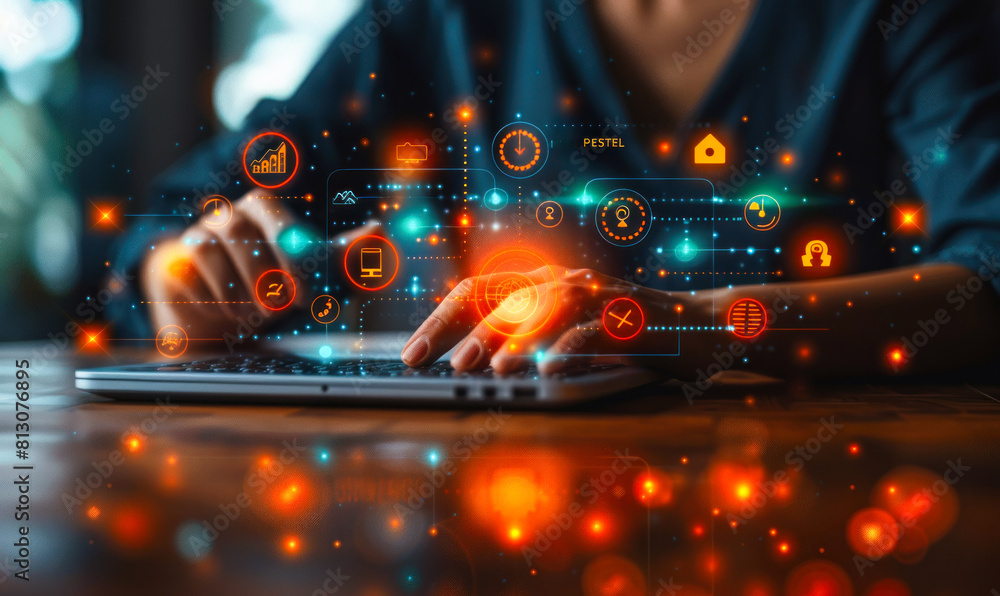 Professional Conducting PESTEL Analysis Using a Laptop with Interactive Graphical Icons for Strategic Business Planning Professional Conducting PESTEL Analysis Using a Laptop with Interactive Graphical Icons for Strategic Business Planning