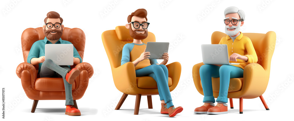 Cartoon man with laptop sitting in sofa chair isolated on transparent background Cartoon man with laptop sitting in sofa chair isolated on transparent background
