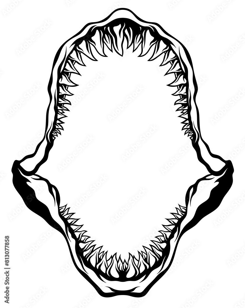 Shark jaw with sharp teeth clipart. Black and white logo in the shape