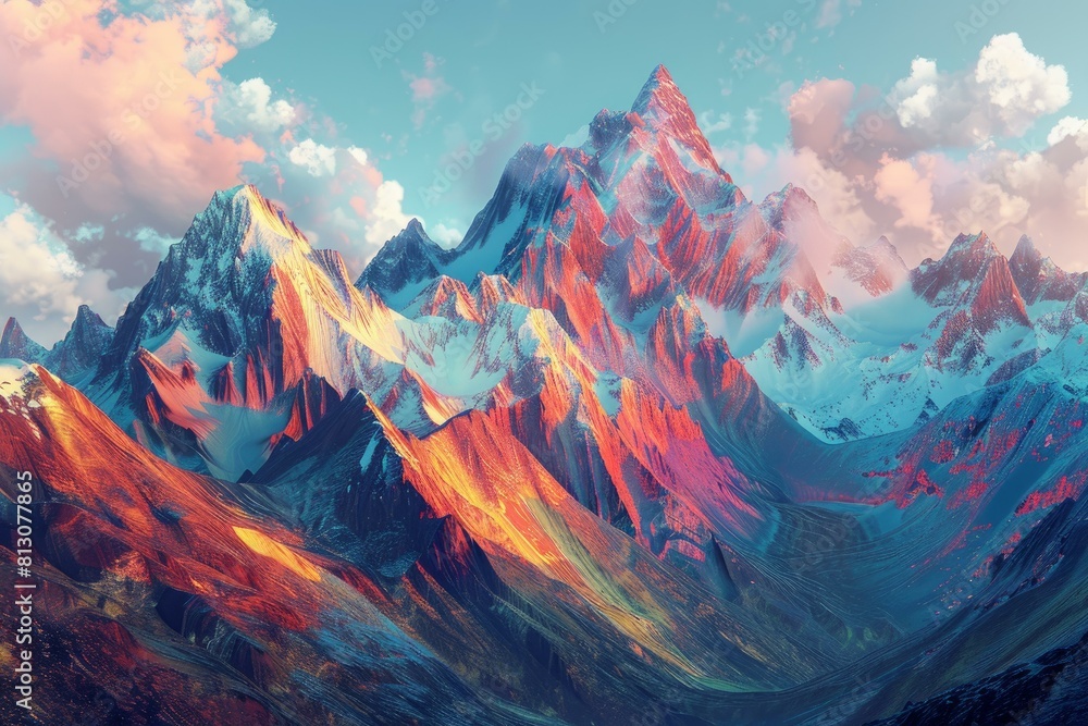 Obraz premium Surreal landscape with vibrant hues painting the mountain peaks at sunset