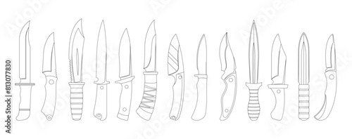 Black And White Vector Icons Set Showcasing A Variety Of Hunting Knives, Includes Different Styles And Blade Shapes