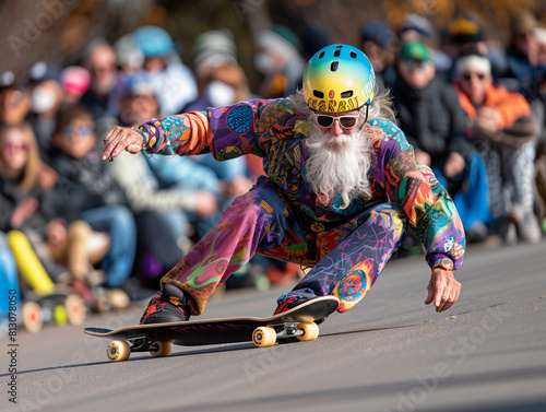 Shredding age barriers, a groovy man with beard carves the skatepark to a beatboxing rhythm, captivating a young audience. photo