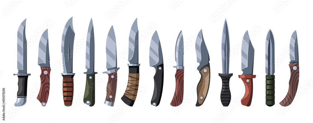 Array Of Hunter Knives With Different Blade Shapes And Handle Materials. Hunt Weapon Perfect For Outdoor, Military Array Of Hunter Knives With Different Blade Shapes And Handle Materials. Hunt Weapon Perfect For Outdoor, Military