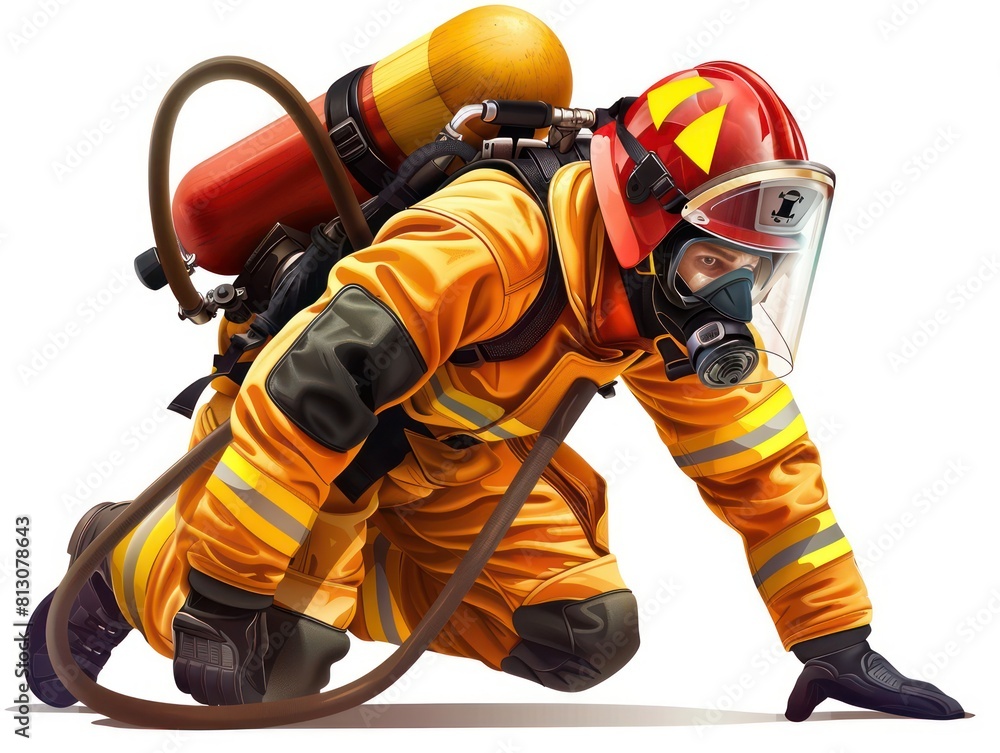 Naklejka premium A firefighter in full gear, helmet secured, amidst billowing smoke, bravely battling flames to rescue lives, embodying courage and protection in the face of danger