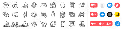 Sconce light, Smile chat and Gas grill line icons pack. Social media icons. Fitness, Online job, Food delivery web icon. Stars, Photo album, Timer pictogram. Get box, Shoulder strap, Popcorn. Vector