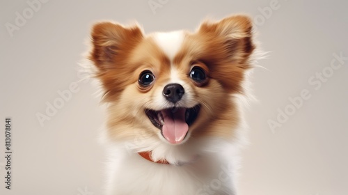 Cute portrait fluffy smile puppy dog looking at camera isolated on light background, funny moment, lovely dog, pet concept.