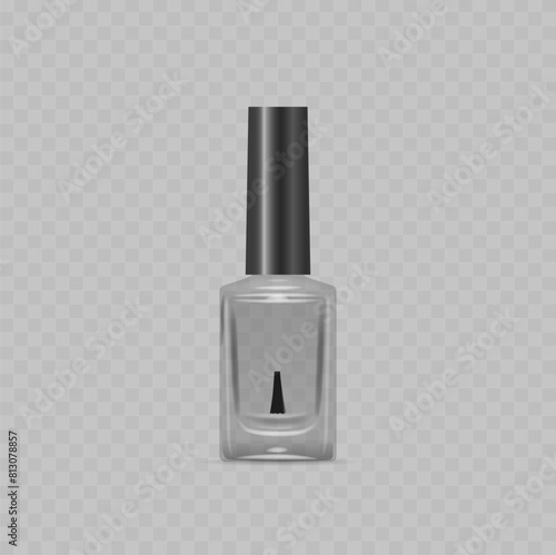 Elegant Nail Polish Bottle Featuring A Transparent Glass Design With A Glossy Black Cap, Suitable For Cosmetic Branding