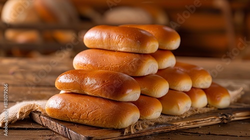 A stack of hot dog buns on a rustic wooden table. Hot dog buns ready to be used, highlighting their artisanal quality.