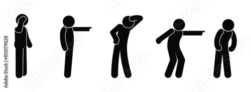 man points direction, stickman isolated pictograms, human silhouettes, set