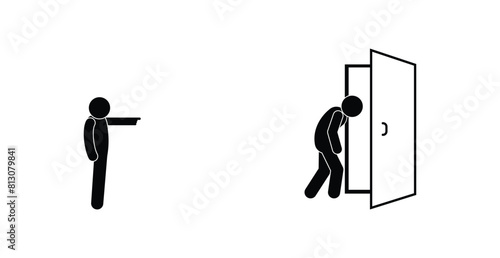 a man chases away a leaving person icon, a man goes out the door, the door is open, exit photo