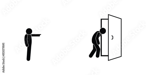a man chases away a leaving person icon, a man goes out the door, the door is open, exit